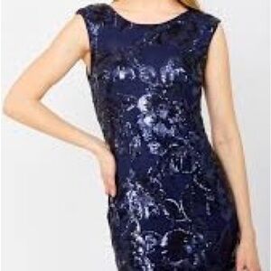 4 Petite White House Black Market navy bleu sequin dress.